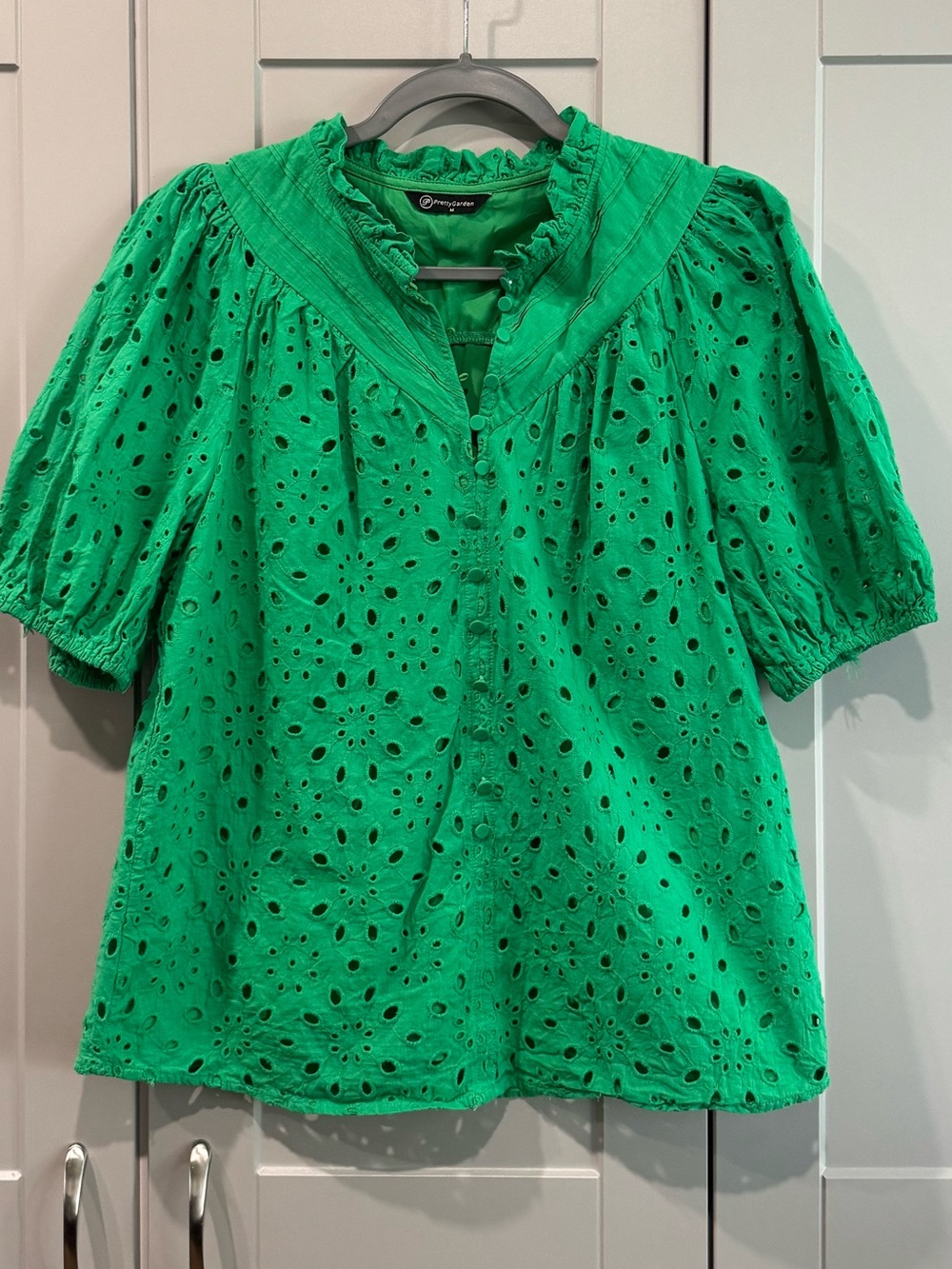 Eyelet Puff-Sleeve Blouse in Bright Green by Pretty Garden